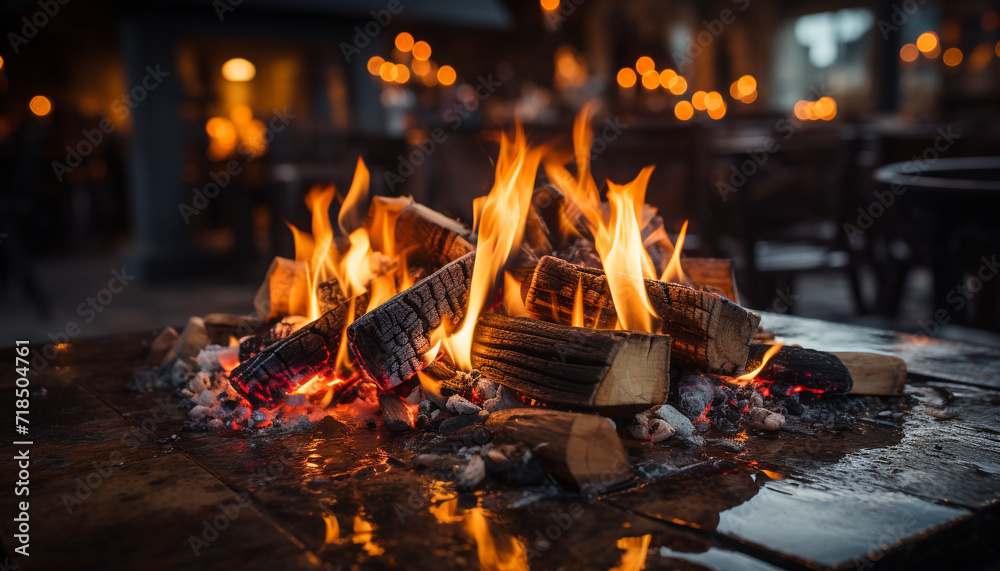 Glowing bonfire warms night, cooking food for comfortable relaxation generated by AI Glowing bonfire warms night, cooking food for comfortable relaxation generated by AI