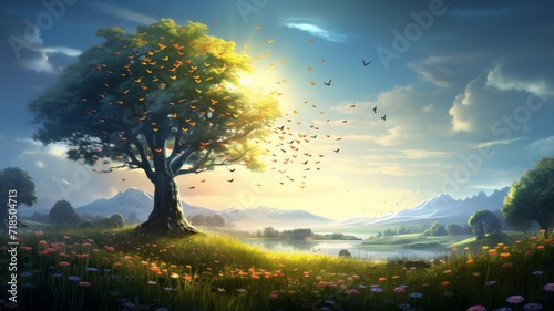 Serene countryside field where musical notes are butterflies fluttering around a solitary oak tree