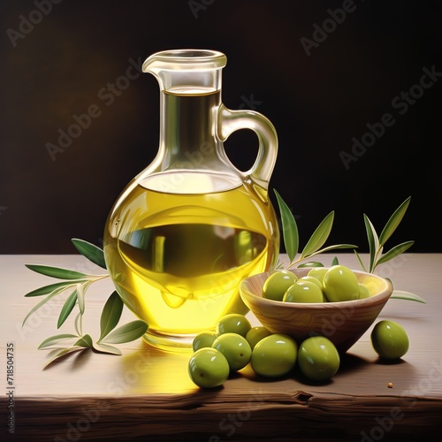 a bottle of olive oil with Fresh Olives next to it in the photo in front of a black wall. generative AI