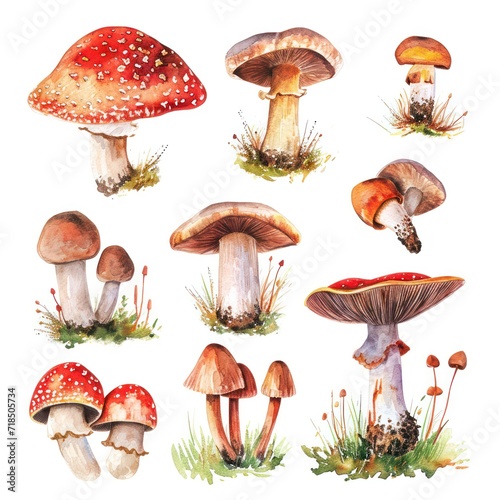 Colorful watercolor mushrooms clipart, showcasing a range of variations