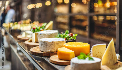 cheese selection at a high-end buffet, showcasing a tempting array of textures, colors, and flavors