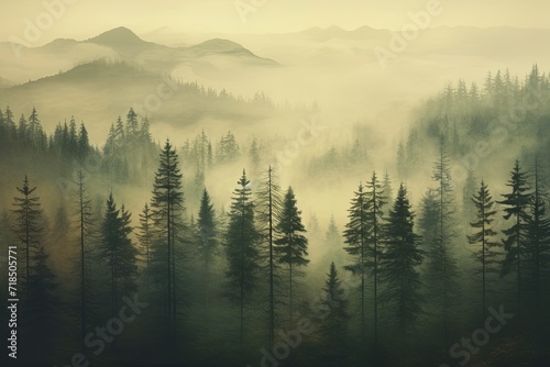 Misty landscape with forest 
