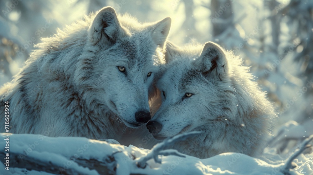 A pair of white wolves in a snowy wilderness, displaying a sense of unity and resilience in their natural habitat. Winter, wilderness, wolves