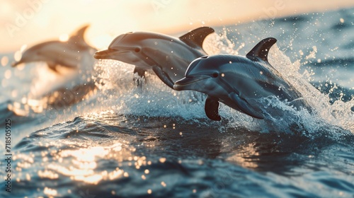 A group of playful dolphins leaping out of the crystal-clear ocean waters, surrounded by splashes and sunlight. Playful, ocean, daytime, marine life, digital.