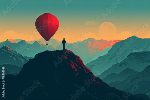 Print op canvas Person standing on cliff with hot air balloon in background