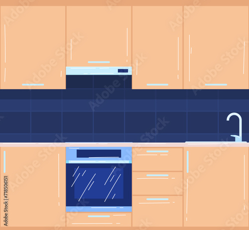 Modern kitchen interior design with wooden cabinets and blue backsplash. Home cooking area with oven, sink vector illustration. Conceptual for home design and modern interior vector illustration.