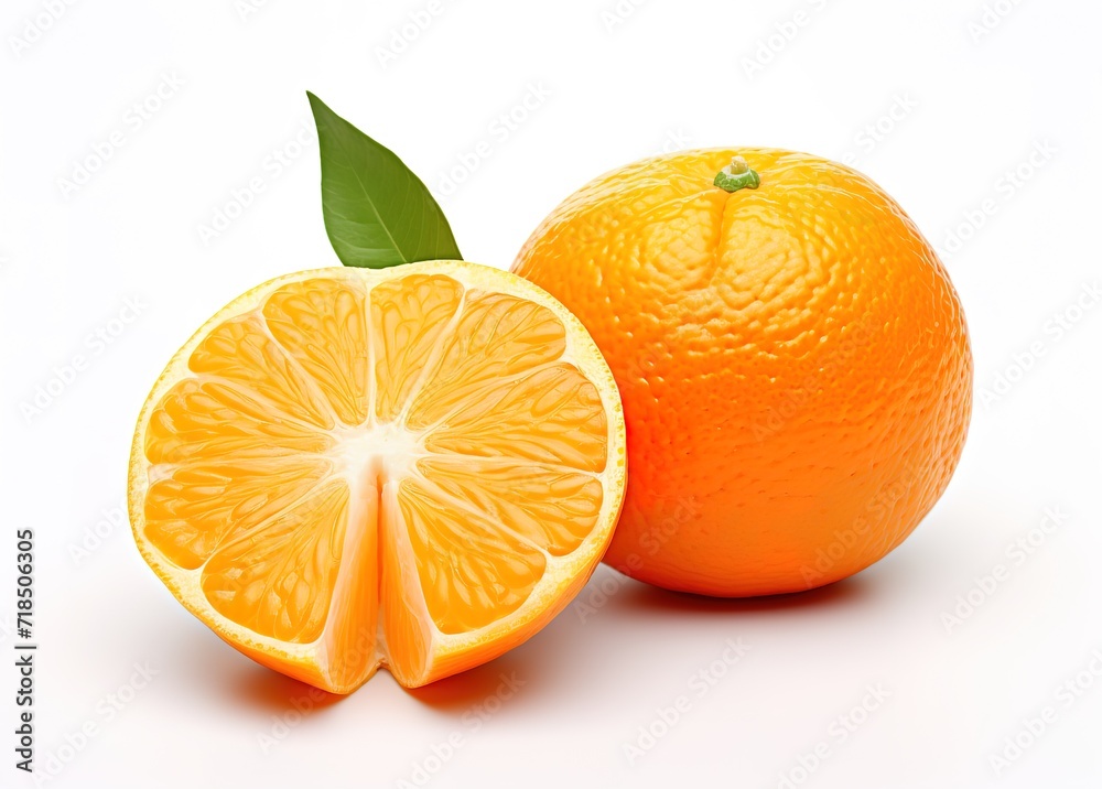 Fresh orange oranges with green leaf decoration in the photo on a white background. generative AI Fresh orange oranges with green leaf decoration in the photo on a white background. generative AI