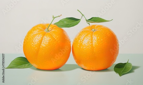 Fresh orange oranges with green leaf decoration in the photo on a gray background. generative AI
