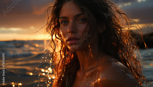Young woman enjoying the sunset by the water, radiating happiness generated by AI © Jeronimo Ramos