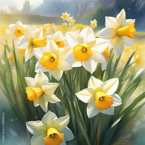 Daffodils Spring Illustration. Narcissus Bouquet Print