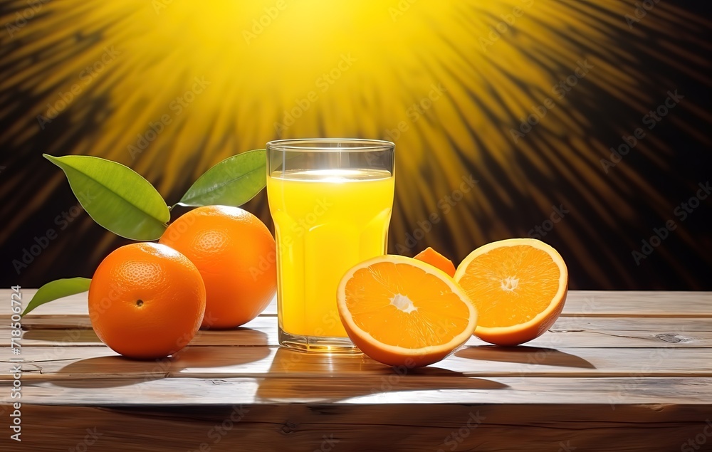 Naklejka premium A glass of orange juice with fresh orange garnish beside it. generative AI