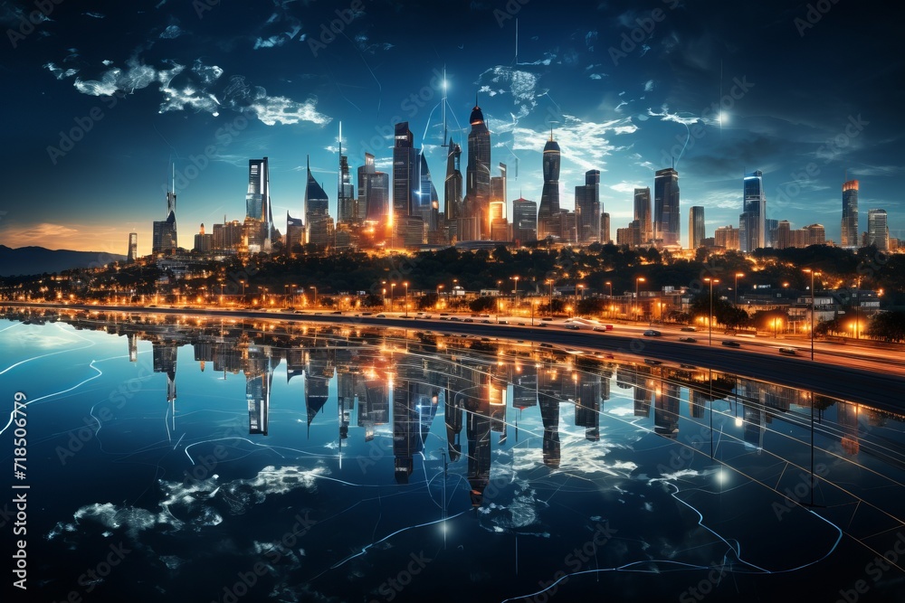 Smart city skyline with AI-controlled LED lighting for energy efficiency, Generative AI