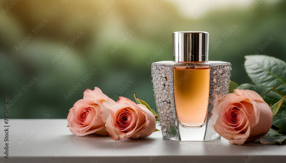 luxury roses perfume mockup featuring a sleek glass bottle, chrome cap, and crystal body, evoking sophistication and timeless beauty luxury roses perfume mockup featuring a sleek glass bottle, chrome cap, and crystal body, evoking sophistication and timeless beauty