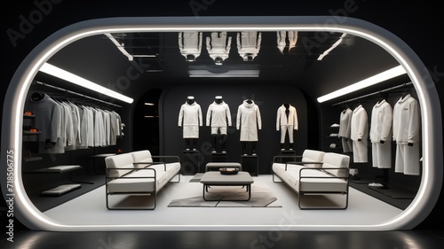 Fototapeta Naklejka Na Ścianę i Meble -  Minimalist space station boutique with garments floating in zero gravity, stark lighting against the void of space
