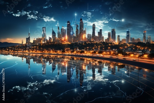 Smart city skyline with AI-controlled LED lighting for energy efficiency, Generative AI