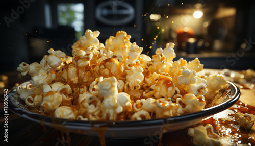 Freshly cooked popcorn, a movie theater snack for indulgence generated by AI