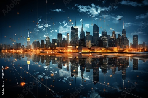 Smart city skyline with AI-controlled LED lighting for energy efficiency, Generative AI