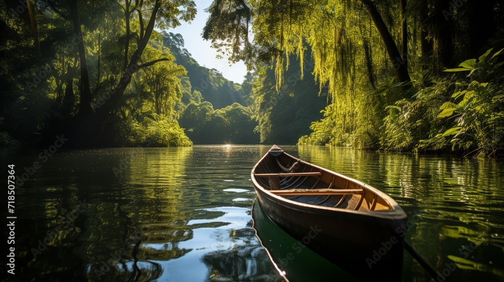 An adventurous river expedition framed by verdant rainforest foliage, as seen from the bow of a rustic canoe on a vibrant, sunny day An adventurous river expedition framed by verdant rainforest foliage, as seen from the bow of a rustic canoe on a vibrant, sunny day