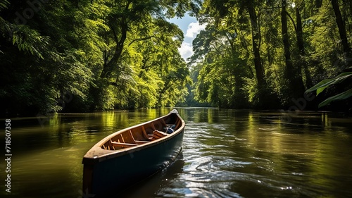 An adventurous river expedition framed by verdant rainforest foliage, as seen from the bow of a rustic canoe on a vibrant, sunny day
