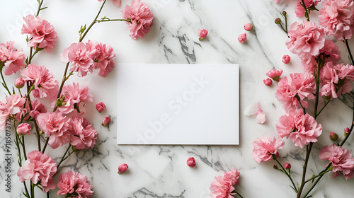 Blank paper card between pink roses on marble top view,Wedding mockup,Brindisi,Italy. Generative AI