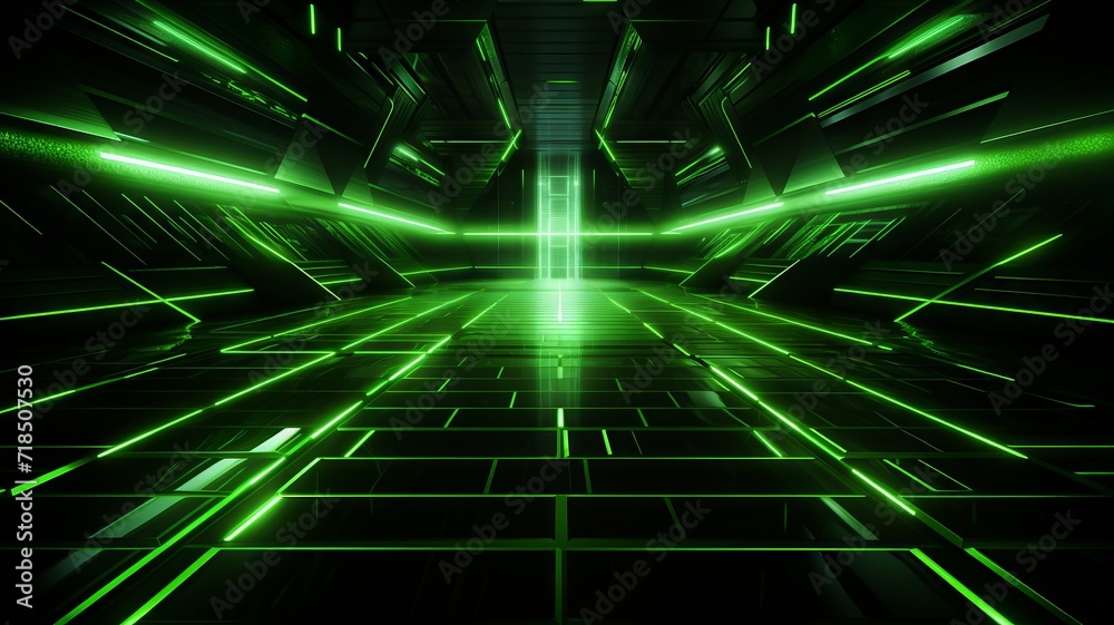 An abstract matrix of neon green, sharp angles cutting through the shadows to create a mysterious, cybernetic space