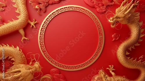 chinese frame red and gold with circular border background for greeting banner festival chinese new years