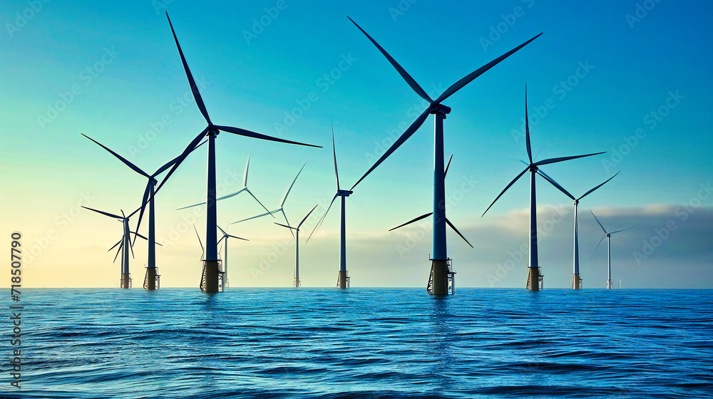 Wind Energy at Sea, Renewable Power with Windmills, Sustainable and Ecological Environment, Green Technology Landscape