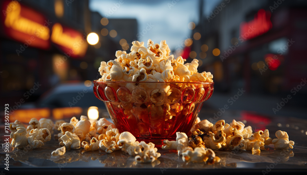 Watching a movie, snacking on gourmet food, refreshing drink generated by AI
