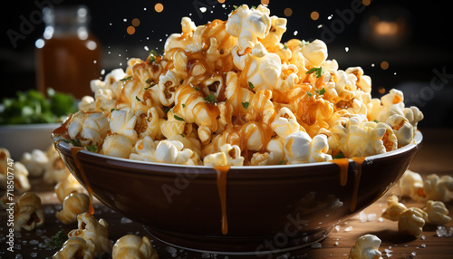 Freshly cooked gourmet popcorn, a sweet and crunchy movie snack generated by AI