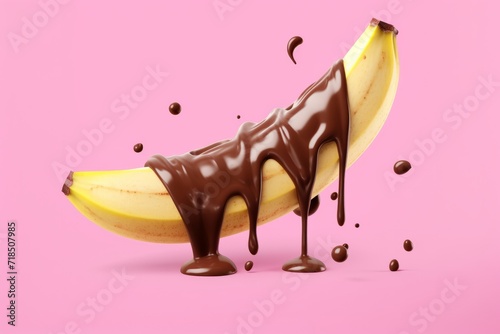 Floating Banana Segments with Chocolate Drizzle  Against an Isolated Pink Background  Generative AI
