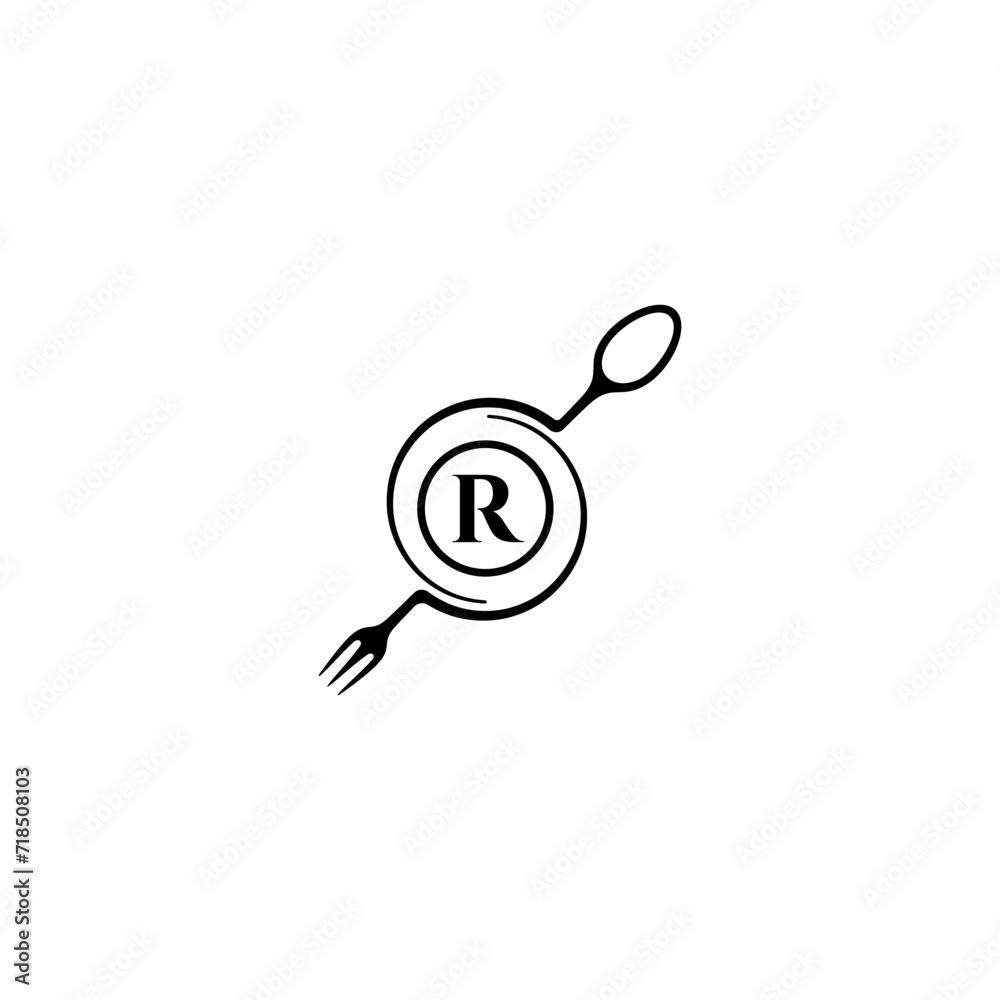 Restaurant logo template with concept image of plate, spoon, fork and letter R Restaurant logo template with concept image of plate, spoon, fork and letter R