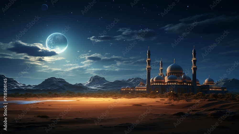 Obraz premium Serene moonlit desert scene with the mosque crafted from sandstone, stars twinkling above