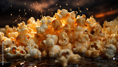 Fresh popcorn, a movie snack, enjoyed in the dark theater generated by AI