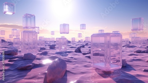 An ethereal collection of transparent cubes floating over an alien landscape, soft purples and blues creating a sense of otherworldliness