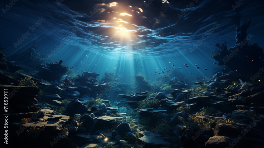 Sunlight filters through the water, illuminating a school of fish above a rocky underwater landscape.

