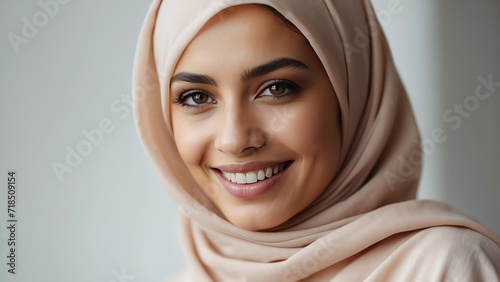 Portrait of happy smiling Muslim woman in a modern hijab outfit, modest fashion for Arab plain white background from Generative AI
