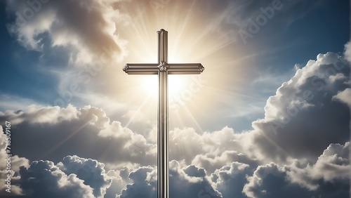 Silver cross in heavenly background of clouds symbol of faith, concept of spirituality from Generative AI