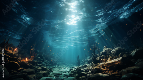 Sunbeams penetrate the ocean depths, highlighting an eerie, serene underwater landscape. 