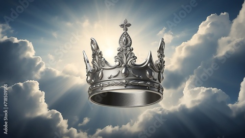 Silver crown in heavenly background of clouds symbol of glory, concept of triumph and victory from Generative AI photo
