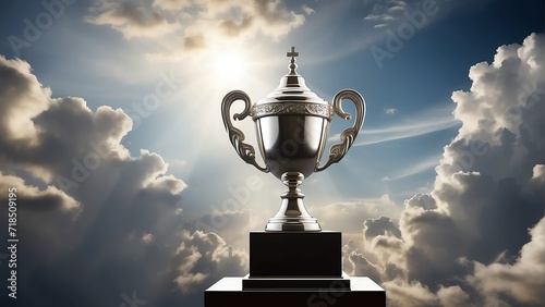 Silver trophy in heavenly background of clouds symbol of glory, concept of triumph and victory from Generative AI