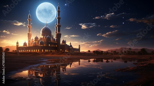 Serene moonlit desert scene with the mosque crafted from sandstone, stars twinkling above photo