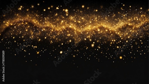 Abstract of small gold glitters shimmer dust shiny lights particles on plain black dark background from Generative AI