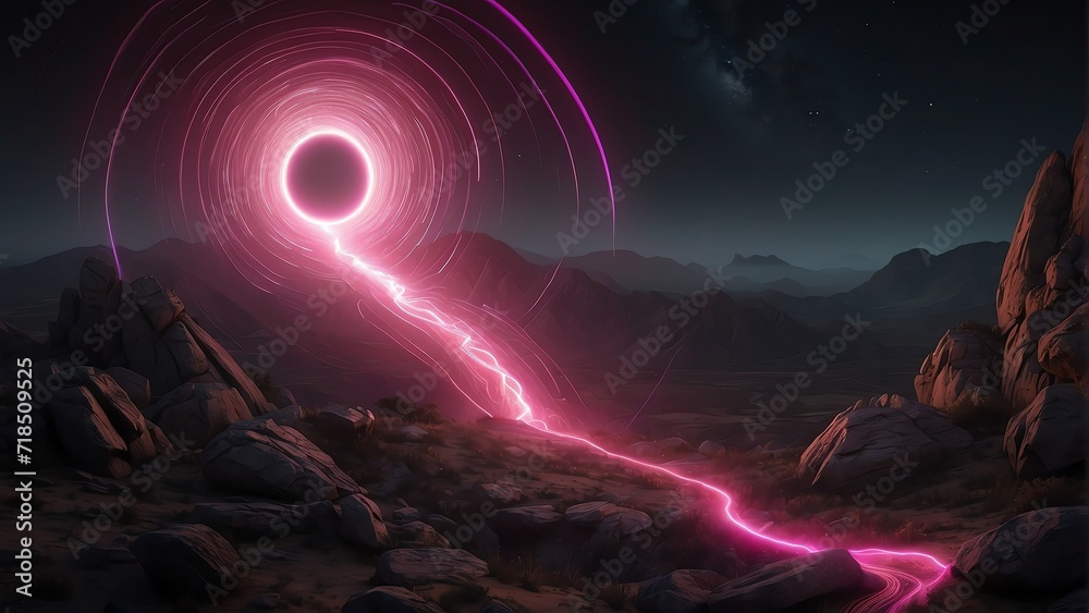 Black hole emitting trail of pink glowing neon lights from Generative AI
