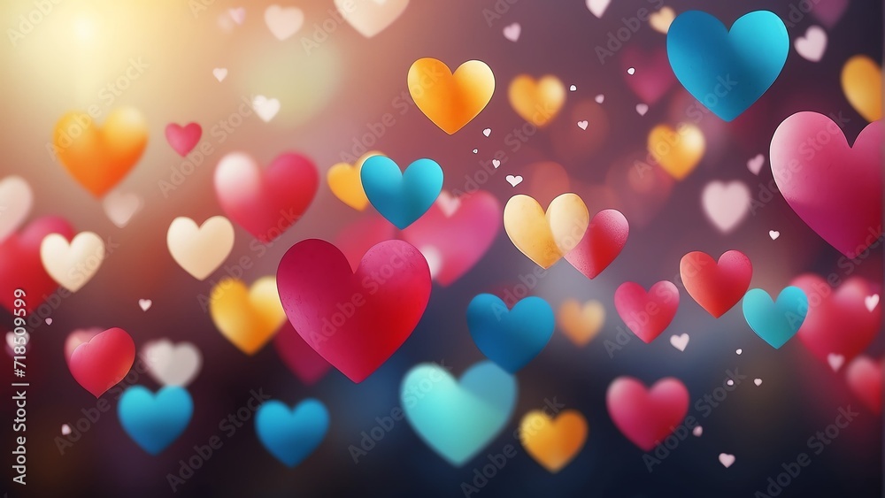 Bright colorful hearts and bokeh abstract background banner, valentine love concept from Generative AI