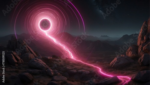 Black hole emitting trail of pink glowing neon lights from Generative AI © sevenSkies