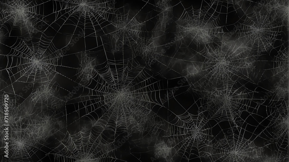 Creepy scary spider webs on plain black background from Generative AI