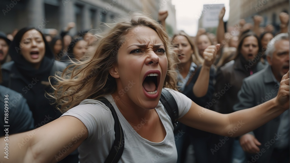Enraged woke female activist passionately shouts in the middle of a crowd during a demonstration protest a cause from Generative AI