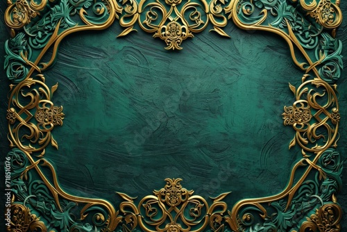 Celtic Pattern Background with Ornate Golden Design - Celtic Wood Sculptor Framing detailed Dark Emerald Foliage Wallpaper created with Generative AI Technology photo
