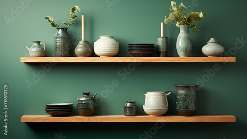 Sleek wooden shelf showcasing a collection of artisanal pottery, set against an emerald green wall with soft, diffused lighting creating a serene atmosphere