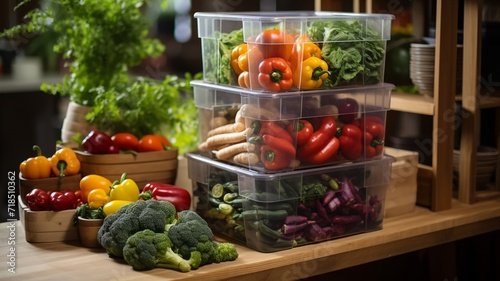 Vibrant  farm-to-table display of crisp vegetables neatly organized in stackable clear bins  on a minimalist background  symbolizing clean nutrition